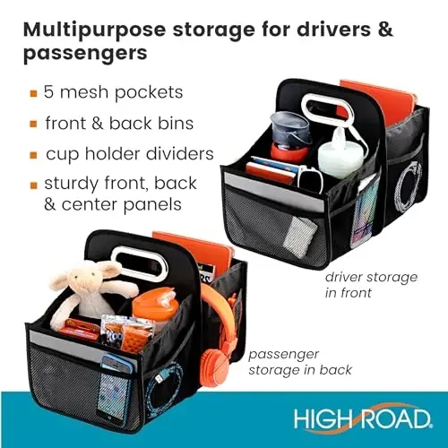 High Road Car Seat Organizer with Cup Holders - Back Seat Organizer for Kids or Front Seat Organizer with Easy Carry Handle - Multipurpose Car Storage Bin for Cars, SUVs and Trucks - 2