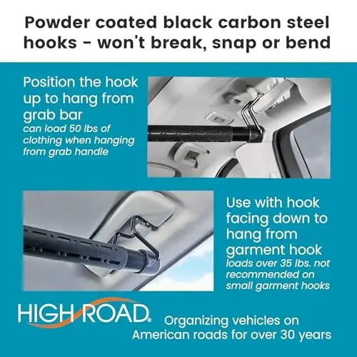 High Road One Piece Carbon Steel Telescoping Clothes Bar For Car or Truck | Car Clothes Hanger Bar With Solid Metal Hangers Expands To 62