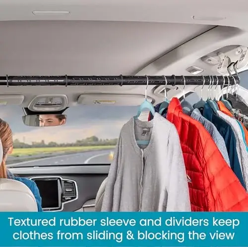 High Road One Piece Carbon Steel Telescoping Clothes Bar For Car or Truck | Car Clothes Hanger Bar With Solid Metal Hangers Expands To 62