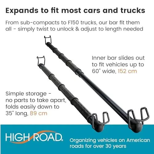 High Road One Piece Carbon Steel Telescoping Clothes Bar For Car or Truck | Car Clothes Hanger Bar With Solid Metal Hangers Expands To 62