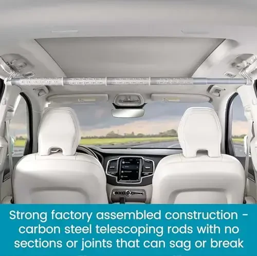 High Road Car Clothes Hanger Bar - Unbreakable Carbon Steel Clothes Rod for Car, SUV, Truck or Van With Solid Metal Hooks, Heavy Duty Fully Assembled Gray Clothes Rod Expands from 35