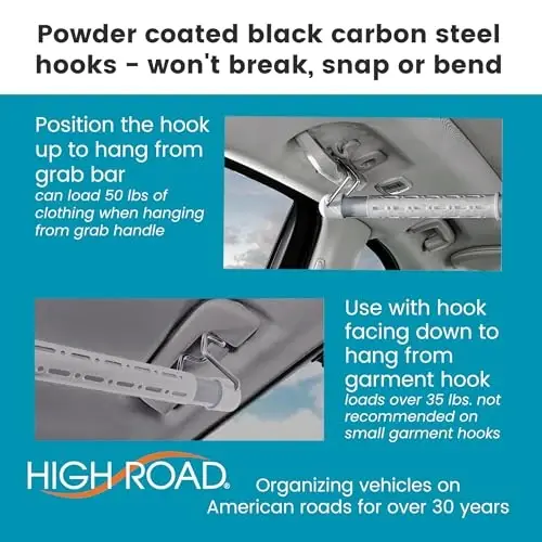 High Road Steel Car Clothes Hanger Bar metal kancalari bilan - Kiyimlar uchun og'ir yuk va mustahkam va sinmaydigan avtomobil askisi, ko'pchilik avtomobillarga, SUVlarga, yuk mashinalariga va mikroavtobuslarga mos kelish uchun kengayadi - 6