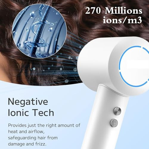 High-Speed Ionic Hair Dryer - 110000 RPM Brushless Motor Negative Ionic Blow Dryers for Fast Drying Quiet Low Noise Thermo-Control Professional Hair-Dryer (White) - 9