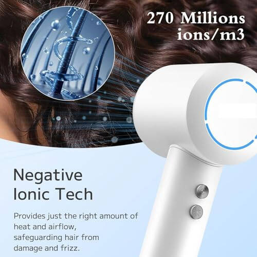 High-Speed Ionic Hair Dryer - 110000 RPM Brushless Motor Negative Ionic Blow Dryers for Fast Drying Quiet Low Noise Thermo-Control Professional Hair-Dryer (White) - 3