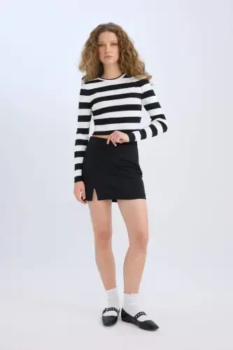 High Waist Basic Straight Cotton Slit Lined Mini Skirt-Black 