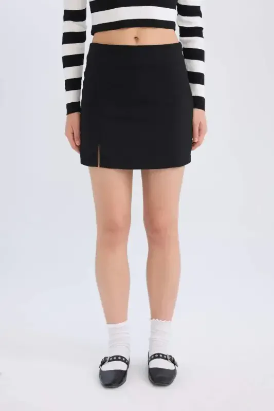 High Waist Basic Straight Cotton Slit Lined Mini Skirt-Black - 5