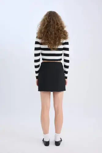 High Waist Basic Straight Cotton Slit Lined Mini Skirt-Black - 7