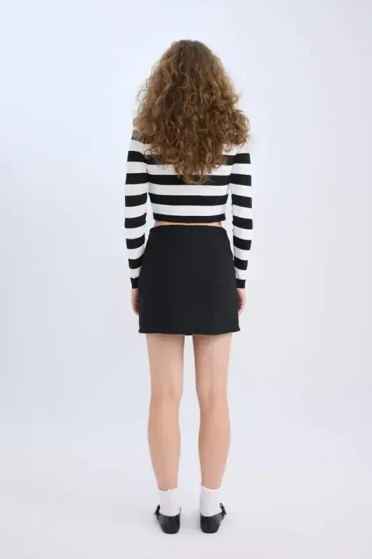 High Waist Basic Straight Cotton Slit Lined Mini Skirt-Black - 7