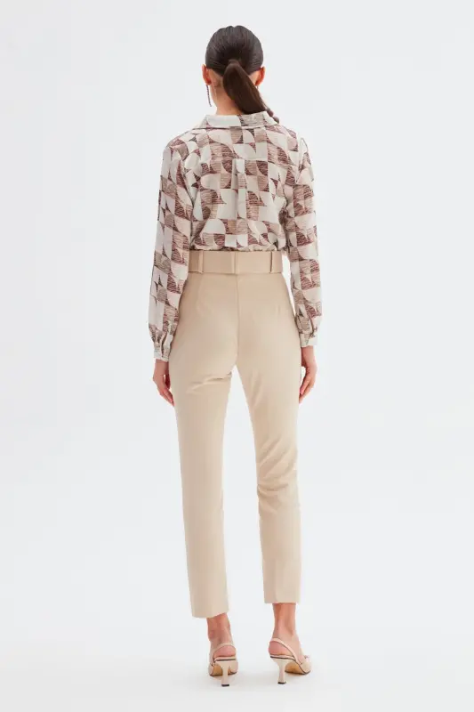 High Waist Belted Trousers - Beige-BEIGE - 5