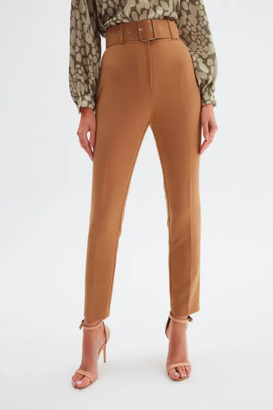 High Waist Belted Trousers - Camel-CAMEL - 4