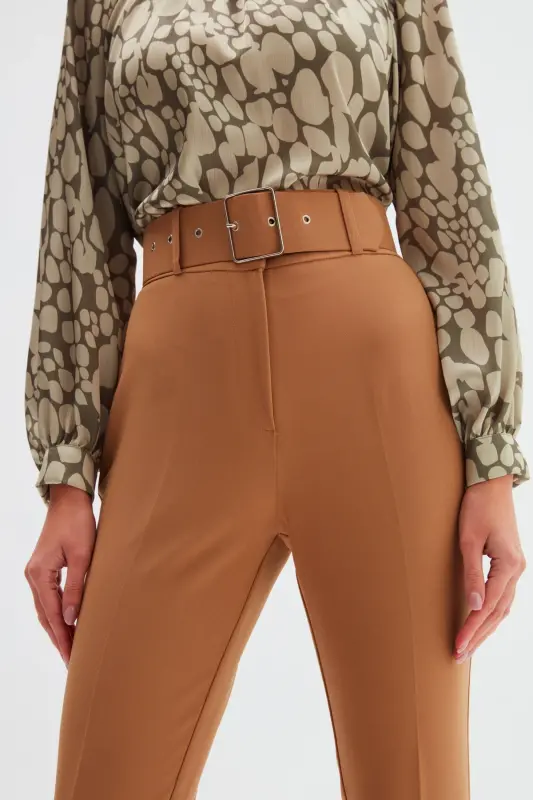 High Waist Belted Trousers - Camel-CAMEL - 5