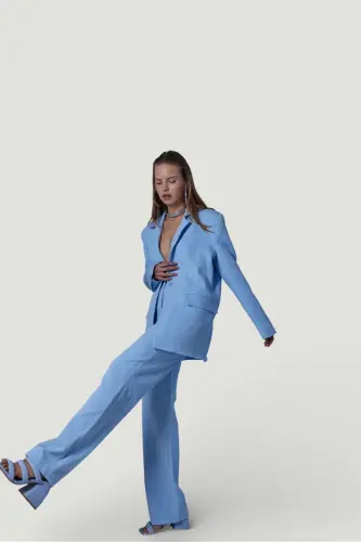 High Waist Button Closure Fabric Panky Pants Blue - 2