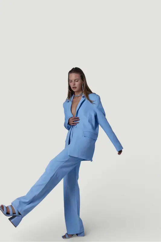 High Waist Button Closure Fabric Panky Pants Blue - 2