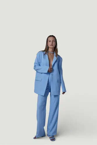 High Waist Button Closure Fabric Panky Pants Blue - 3