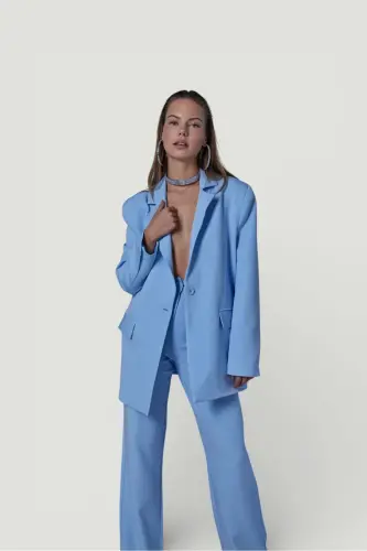 High Waist Button Closure Fabric Panky Pants Blue - 4