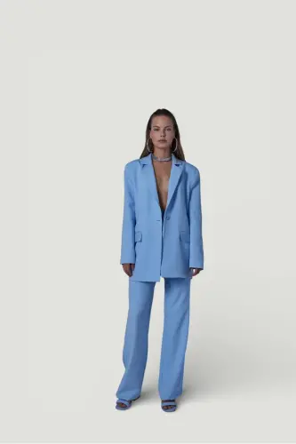 High Waist Button Closure Fabric Panky Pants Blue - 5