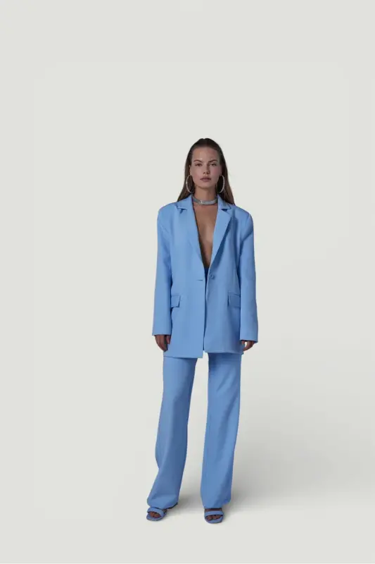 High Waist Button Closure Fabric Panky Pants Blue - 5