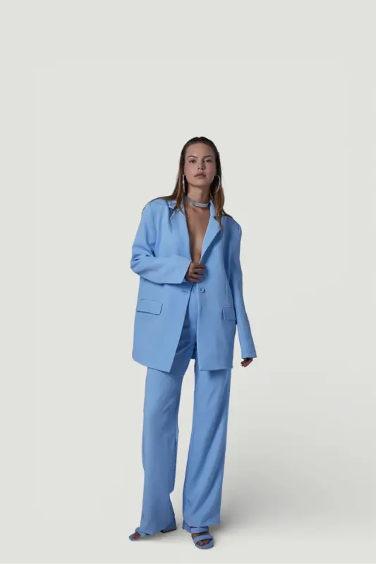 High Waist Button Closure Fabric Panky Pants Blue - 3