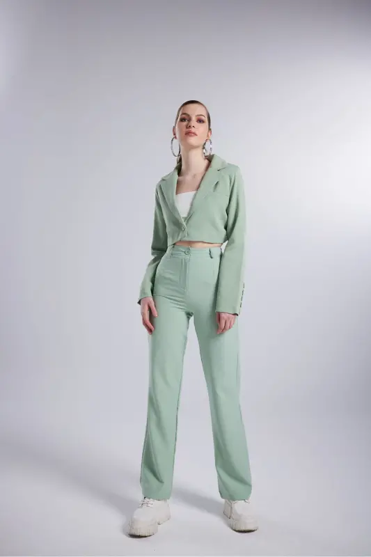 High Waist Button Closure Fabric Panky Trousers Green - 2
