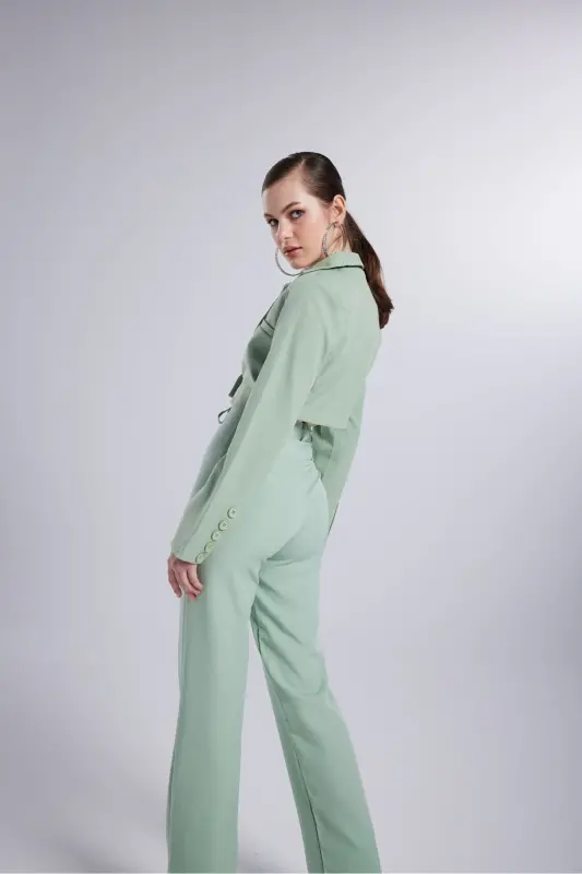 High Waist Button Closure Fabric Panky Trousers Green - 3