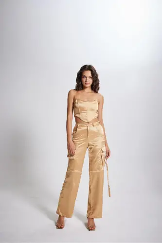 High Waist Cargo Pocket Satin Maddy Pants Beige - 1