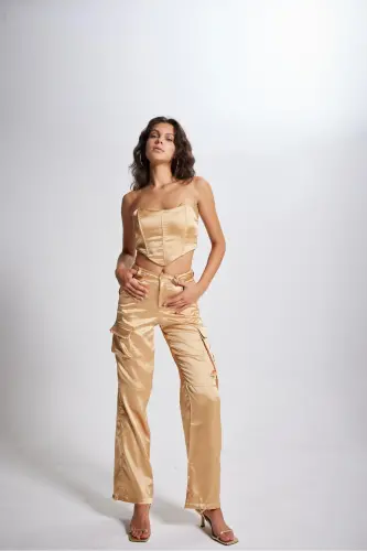 High Waist Cargo Pocket Satin Maddy Pants Beige - 2