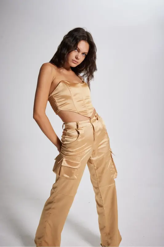 High Waist Cargo Pocket Satin Maddy Pants Beige - 3