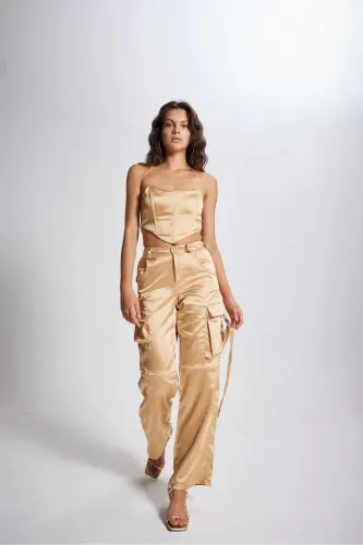 High Waist Cargo Pocket Satin Maddy Pants Beige - 4