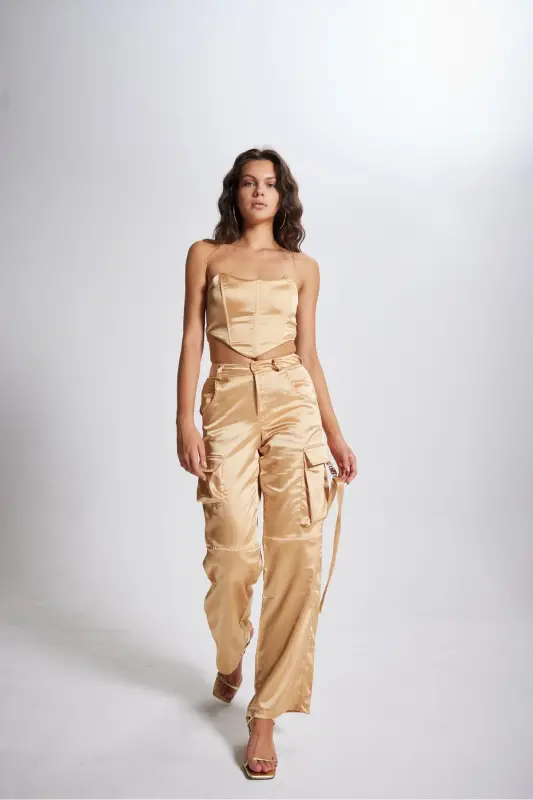 High Waist Cargo Pocket Satin Maddy Pants Beige - 4