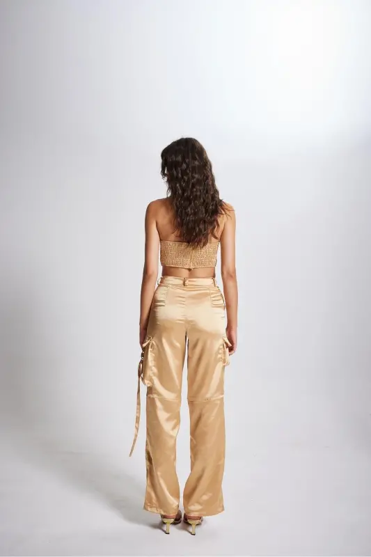 High Waist Cargo Pocket Satin Maddy Pants Beige - 5