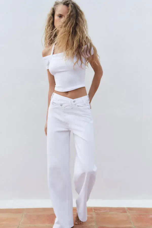 HIGH WAIST CROSS CUT TRF WIDE LEG JEAN-White - 1