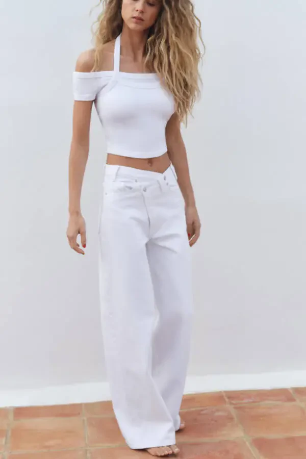 HIGH WAIST CROSS CUT TRF WIDE LEG JEAN-White - 3