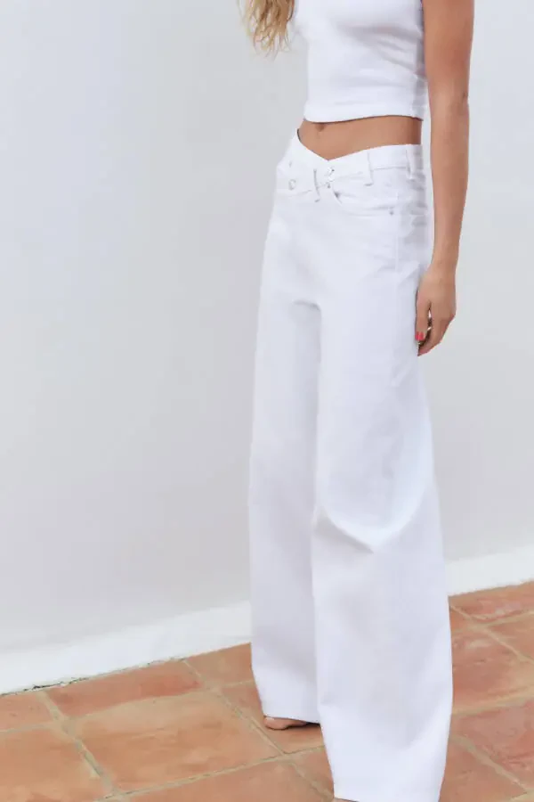 HIGH WAIST CROSS CUT TRF WIDE LEG JEAN-White - 6