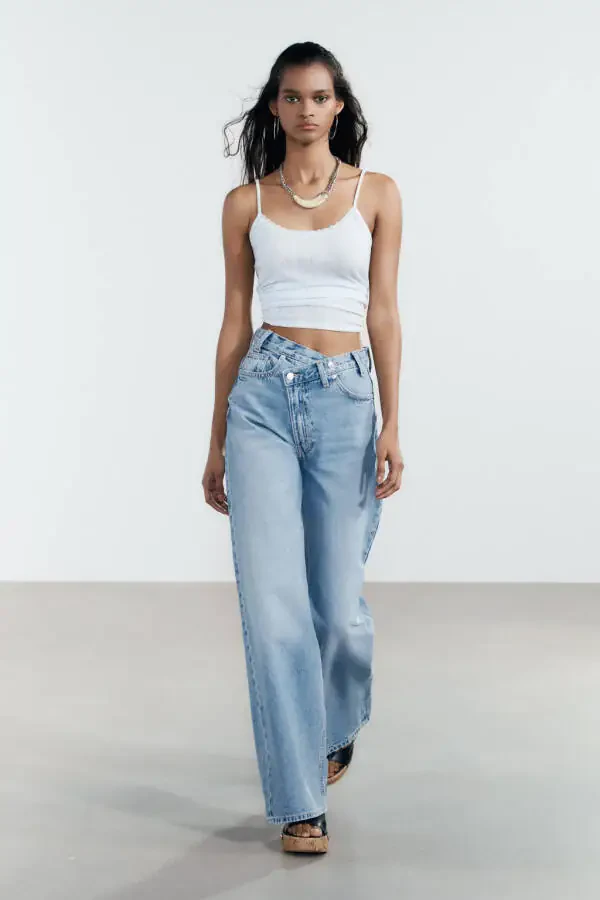 HIGH WAIST CROSSOVER TRF WIDE LEG JEAN-Indigo - 1