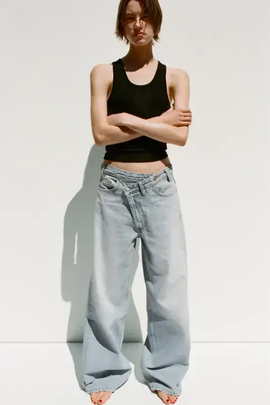 HIGH WAIST CROSSOVER TRF WIDE LEG JEAN-Light blue - 1