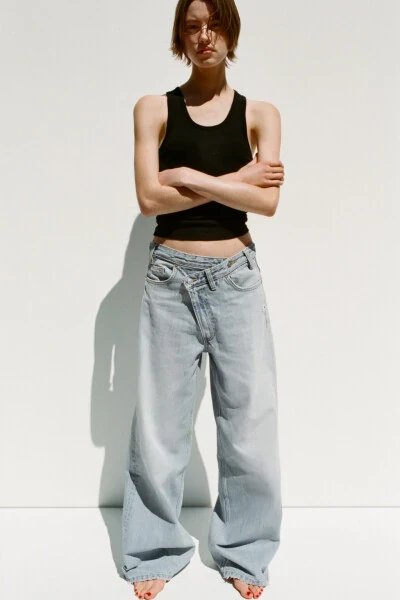 HIGH WAIST CROSSOVER TRF WIDE LEG JEANS-Light blue - MODAZONE