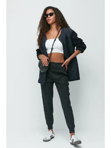 High Waist Cuffed Hem Jogger Sweatpants 811 Black-Black - 1