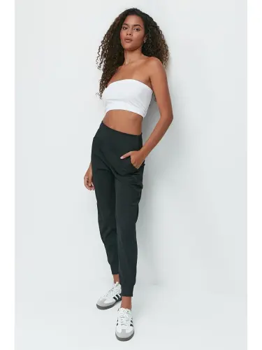 High Waist Cuffed Hem Jogger Sweatpants 811 Black-Black - 3