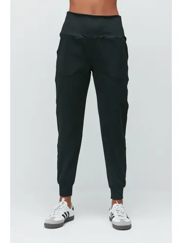 High Waist Cuffed Hem Jogger Sweatpants 811 Black-Black - 5
