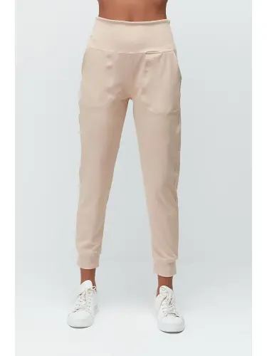 High Waist Cuffed Leg Jogger Sweatpants 811 Beige-Beige - 3