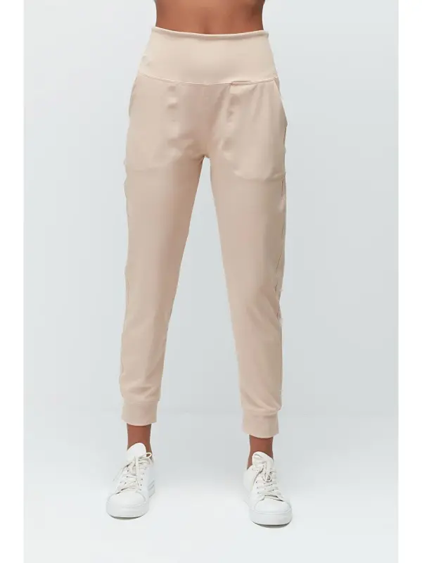 High Waist Cuffed Leg Jogger Sweatpants 811 Beige-Beige - 3