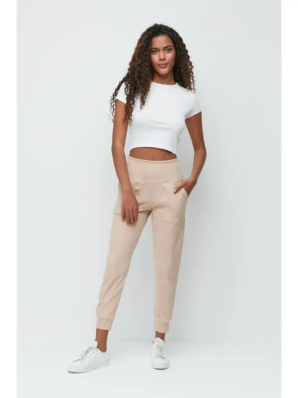 High Waist Cuffed Leg Jogger Sweatpants 811 Beige-Beige - 1