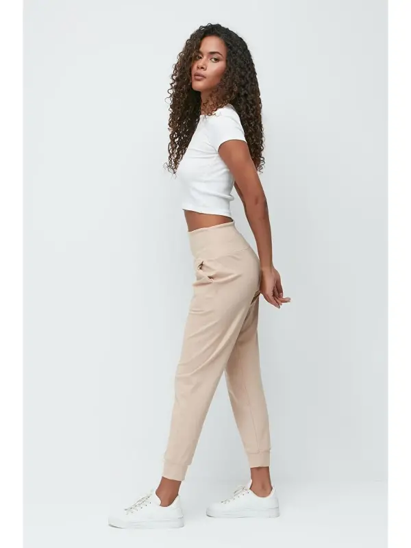 High Waist Cuffed Leg Jogger Sweatpants 811 Beige-Beige - 2
