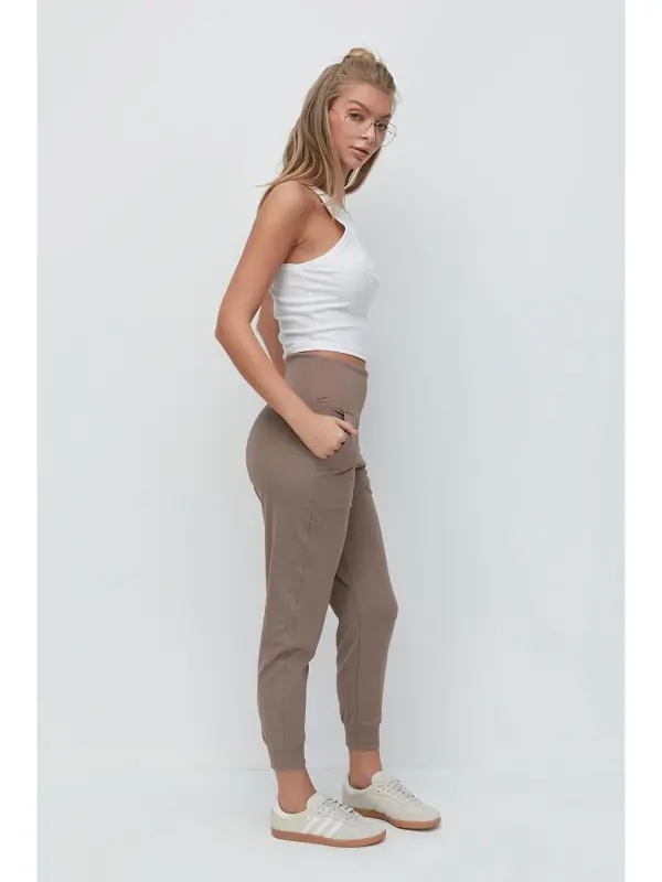 High Waist Cuffed Leg Jogger Sweatpants 811 Brown-Brown - 2