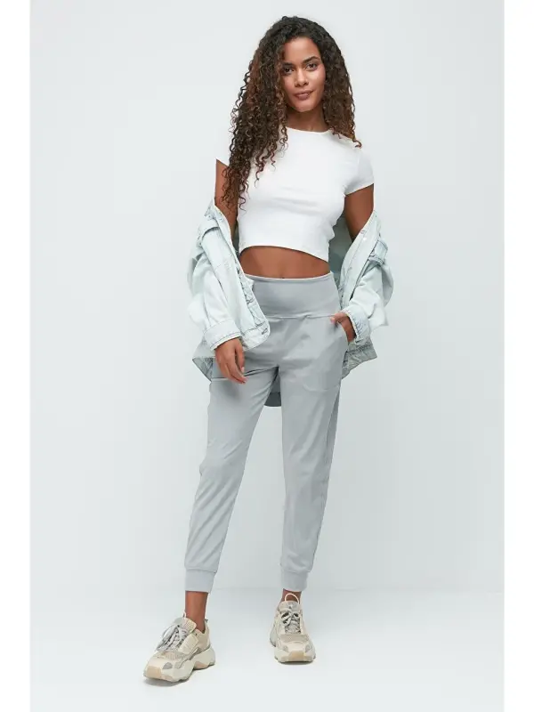 High Waist Cuffed Leg Jogger Sweatpants 811 Gray-Gray - 5