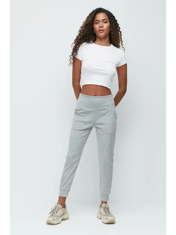 High Waist Cuffed Leg Jogger Sweatpants 811 Gray-Gray - 2