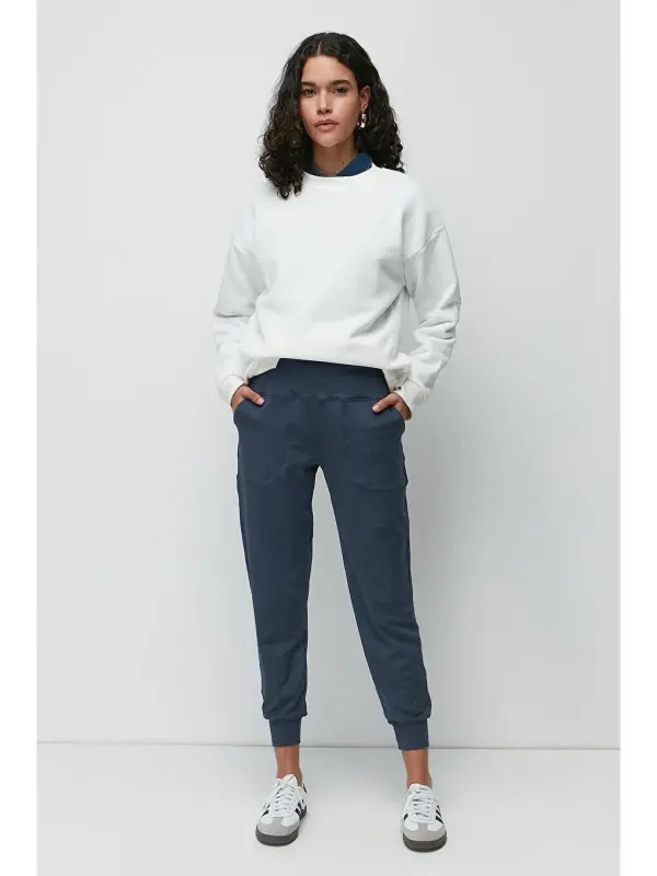 High Waist Cuffed Leg Jogger Sweatpants 811 Indigo-Indigo - 2