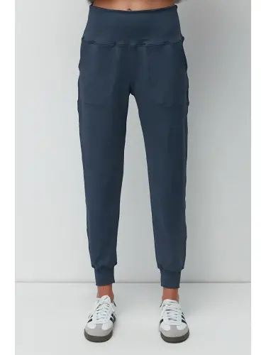 High Waist Cuffed Leg Jogger Sweatpants 811 Indigo-Indigo - 6