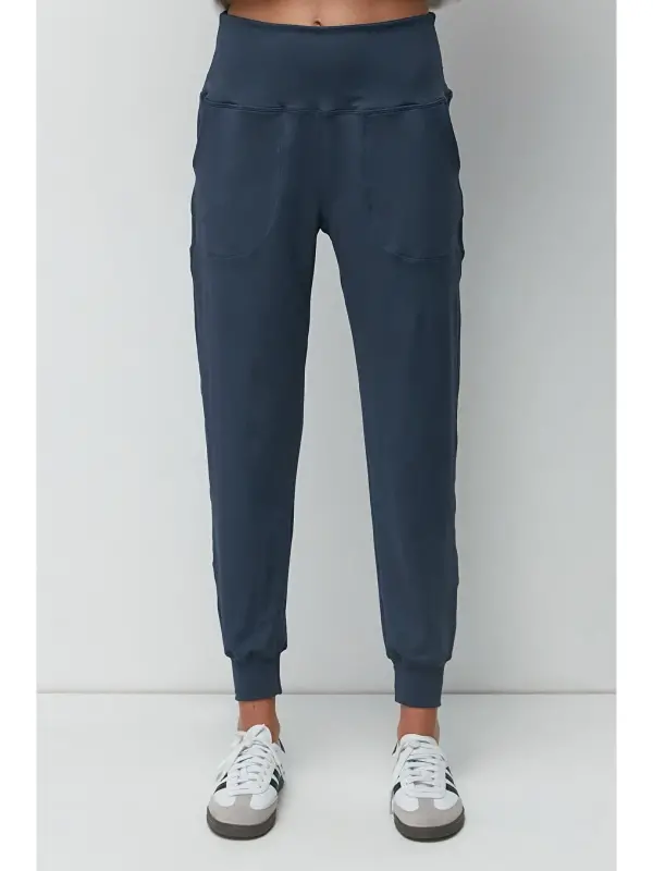 High Waist Cuffed Leg Jogger Sweatpants 811 Indigo-Indigo - 6