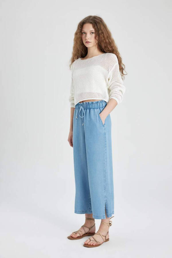 High Waist Culotte Short Wide Leg Slit Jean Pants Mint Blue - 13